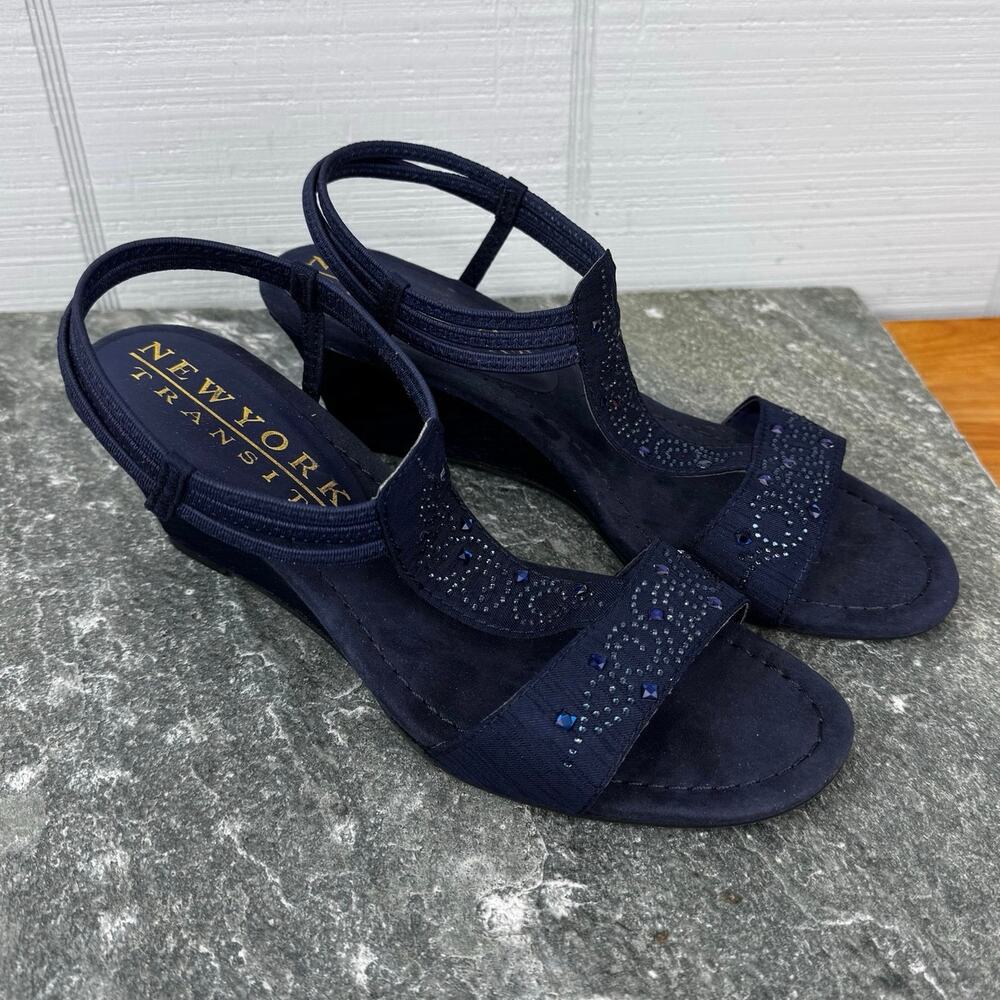 New York Transit Navy Blue Rhinestone Strappy Open Toe Wedge Heels 8W